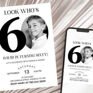 Convite de aniversário engraçado Look Who's 60, convite de 60 anos com foto, convite de aniversário de 60 anos para homens, convite simples de 60 anos, convites masculinos de 60 anos