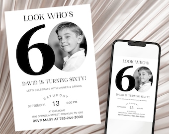 Look Who's 60 Funny Birthday Invitation, 60th Invitation with photo, 60th Birthday Invitation for Men, Simple 60th Invite, Male 60th Invites