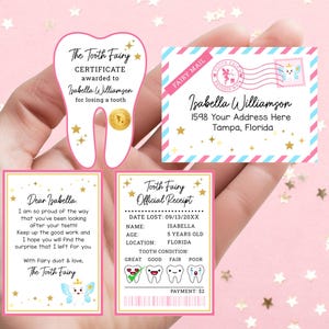 May include: A set of Tooth Fairy stationery, including a certificate, a letter, an official receipt, and an envelope. The items feature pink, blue, and gold accents, with text such as "The Tooth Fairy" and the name "Isabella".