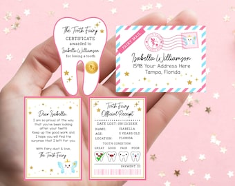 Conjunto Mini Fada do Dente Editável: Recibo e Carta Rosa com Envelope, Kit Fada do Dente, Bilhete para Fada do Dente Perdido, Modelo Digital para Imprimir