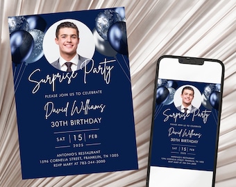 Editable Navy Blue Balloons Birthday Invitation, Surprise Party, Printable Birthday Party Invite, Editable Template, Instant Download
