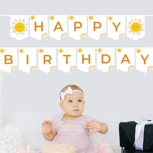Sun Happy Birthday Banner First Trip Around the Sun Bunting Sunshine Banner Sunshine Birthday Decor Neutral Garland Editable PRINTABLE