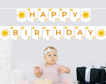 Sun Happy Birthday Banner Erste Reise um die Sonne Wimpelkette Sunshine Banner Sunshine Birthday Decor Neutral Girlande bearbeitbar DRUCKBAR