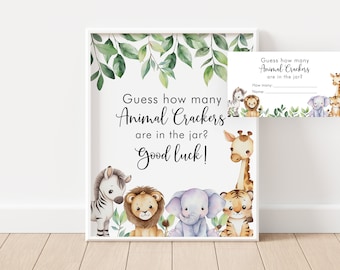Guess How Many Animal Crackers Game Sign Jungle Baby Shower Safari Animals Baby Shower Game Safari Printable Sign Greenery Decorations