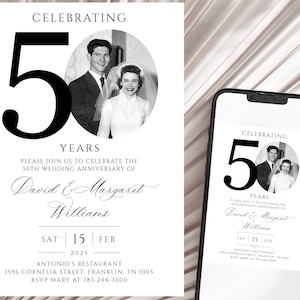 50th Wedding Anniversary Invitation, Golden Anniversary Photo Invitation Template, Editable, with Photo