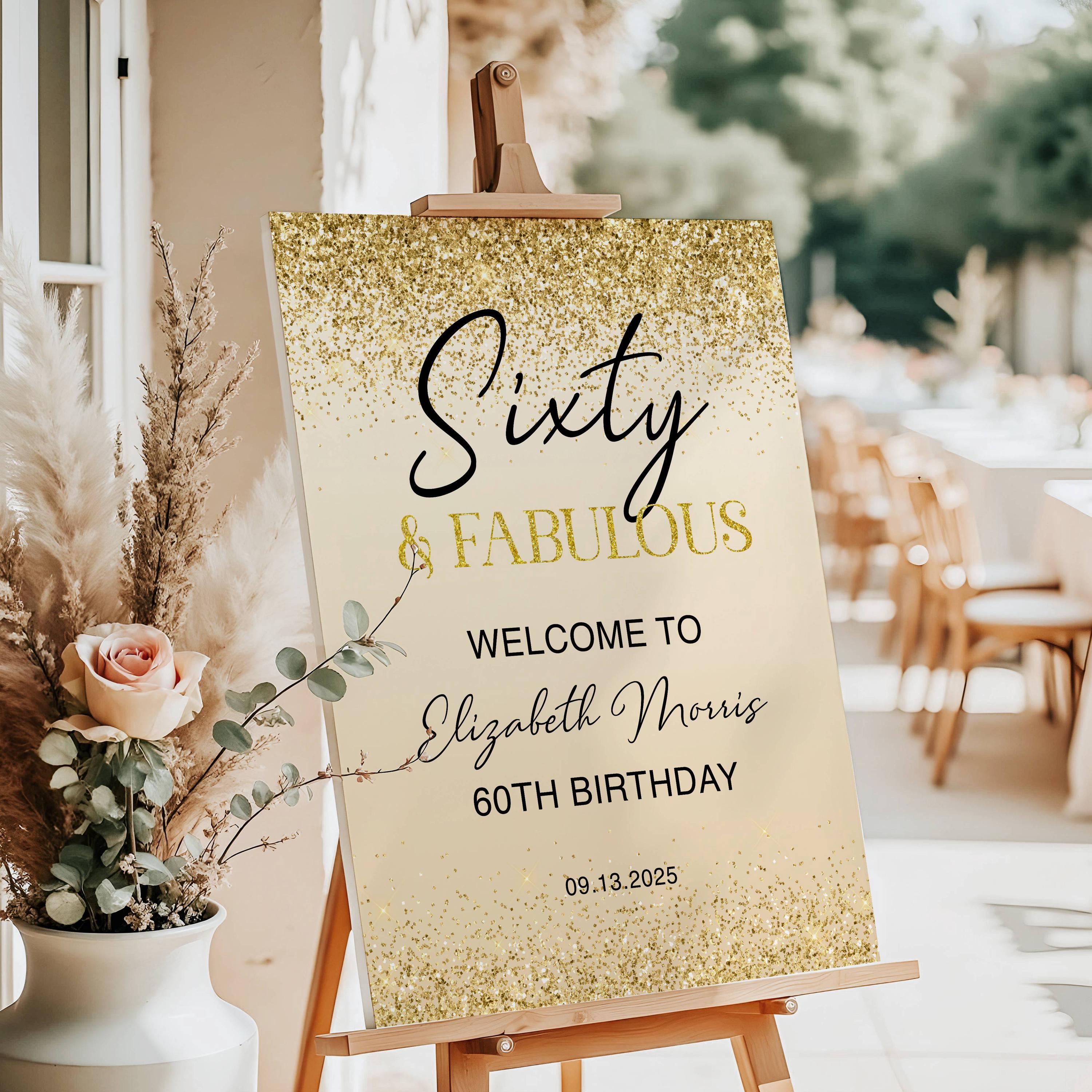 60th Birthday Welcome Sign Printable Gold Sixty and Fabulous