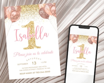 Pink and Gold 1st Birthday Invitations First birthday Invitation for Girls Pink Gold confetti invitation