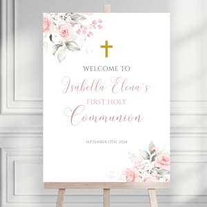 Pink First Holy Communion Welcome Sign, Editable Communion Welcome Sign, Pink Watercolor Communion Welcome Sign, Girl Communion Welcome Sign