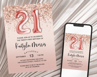 Rose Gold Glitter 21st Birthday Invitation, Editable Birthday Invite Birthday Party