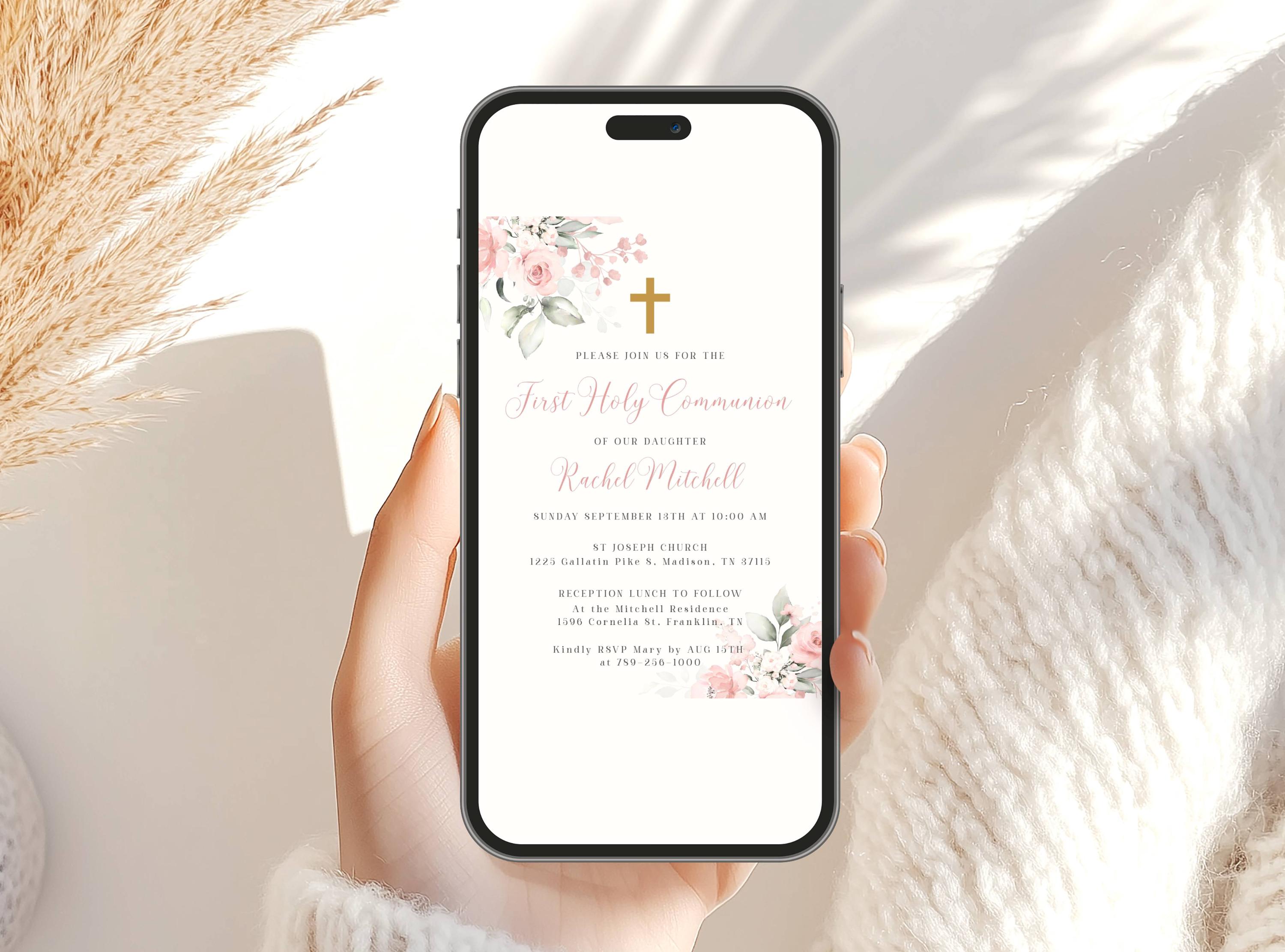 Blush Pink First Holy Communion Invitation Template Pink Floral ...