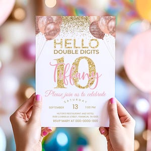Pink Gold Glitter 10th Birthday Invitation, Editable Birthday Invite Party Double Digits