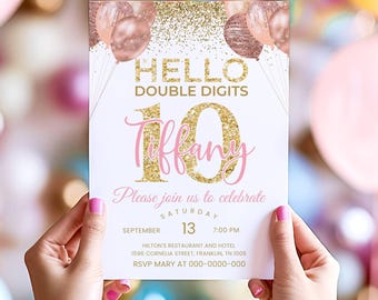 Pink Gold Glitter 10th Birthday Invitation, Editable Birthday Invite Party Double Digits