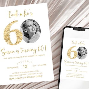 Invito modificabile per il 60° compleanno con foto, Guarda chi ha 60 anni, Modello di invito per il 60° compleanno, Invito per il 60° compleanno in oro, Modificabile e Stampabile