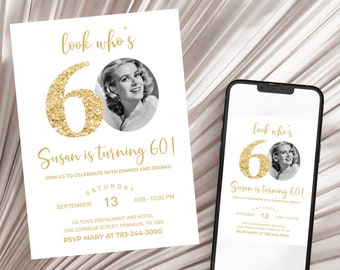 Editable 60th Invitation with photo, Look Who's 60, 60th Birthday Invitation Template, Gold 60th Invitation, Editable, Printable
