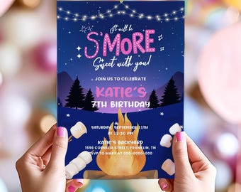 May include: A birthday party invitation with a camping theme. The invitation reads "It will be S'more Sweet with you!" and includes details for Katie's 7th birthday, featuring a campfire graphic and marshmallow illustrations.