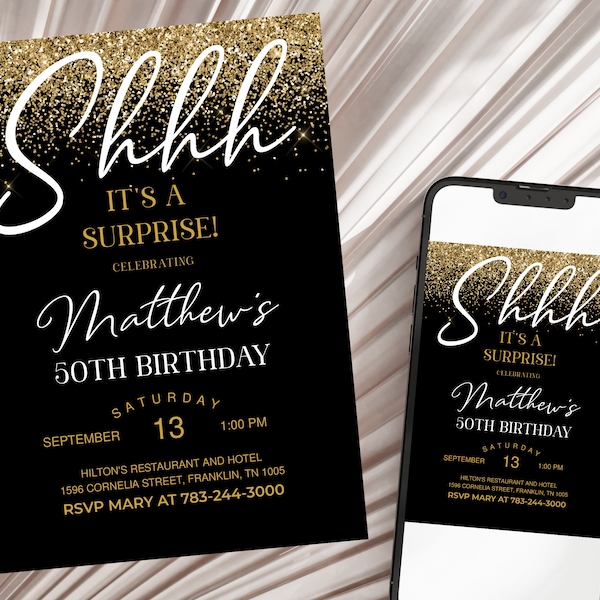 50th Birthday Invitation Printable, Birthday Surprise Party, Black Gold Men Birthday Invitation, Editable 30th 40th Invite, Instant Download
