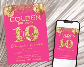 Golden Birthday invitation Fuchsia Gold glitter birthday invitation Golden birthday invite for girl 10th birthday invitation