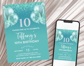 Teal and Silver Holo Glitter 10th Birthday Invitation, Balloons, Editable Birthday Invite