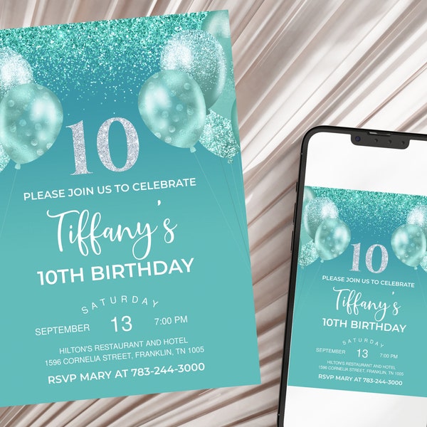 Teal and Silver Holo Glitter 10th Birthday Invitation, Balloons, Editable Birthday Invite