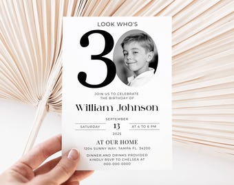 Invitation 30e avec photo, Look qui a 30 ans, modèle d'invitation 30e anniversaire, 30e invitation simple, 30e invitation homme, modifiable, imprimable