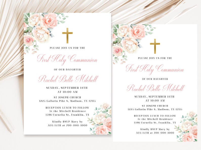 Blush Pink First Holy Communion Invitation Template Pink Floral ...