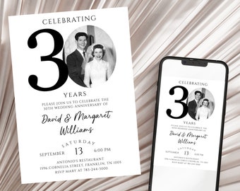 30th Wedding Anniversary Invitation, Pearl Anniversary Photo Invitation Template, Editable, with Photo