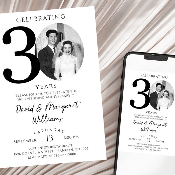 30th Wedding Anniversary Invitation, Pearl Anniversary Photo Invitation Template, Editable, with Photo