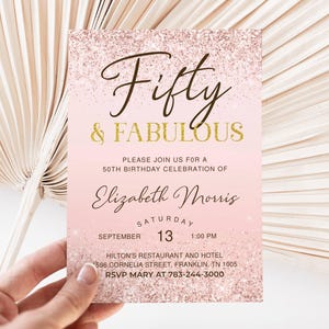 50th Birthday Invitation Printable Rose Gold Fifty and Fabulous Dinner Party Invite for Ladies Editable Digital Download