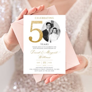 50th Wedding Anniversary Invitation, Golden Anniversary Photo Invitation Template, Editable, with Photo image 2