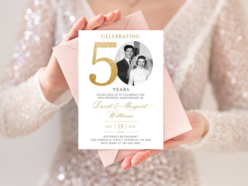 50th Wedding Anniversary Invitation, Golden Anniversary Photo Invitation Template, Editable, with Photo image 2