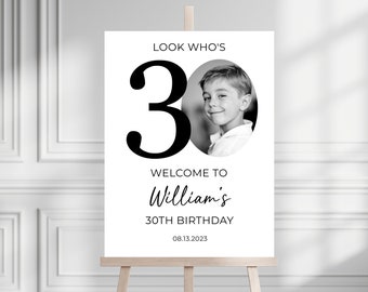 Cartel de bienvenida número 30, Mira quién tiene el cartel de bienvenida 30, Cartel de bienvenida número 30 moderno, Cartel número 30 con foto, Cartel de bienvenida de cumpleaños