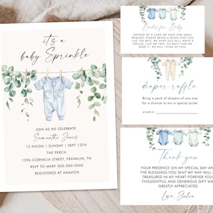 May include: A baby sprinkle invitation set featuring watercolor eucalyptus greenery and blue baby onesies hanging on a clothesline. The cards include text for event details, a books for baby request, a diaper raffle entry, and a thank you note.