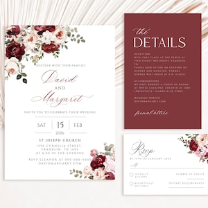 May include: A wedding invitation suite featuring a main card, a details card, and an RSVP card. The cards are decorated with watercolor burgundy and blush floral arrangements. The text includes names David and Margaret, date February 15, 2026, and event details in a mix of serif and script fonts.