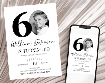 Male 60th Birthday Invitation Template, Look Who's 60, Photo 60th Birthday Invite, Editable Template, Any Age, Black and White 60th Birthday