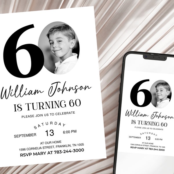 Male 60th Birthday Invitation Template, Look Who's 60, Photo 60th Birthday Invite, Editable Template, Any Age, Black and White 60th Birthday