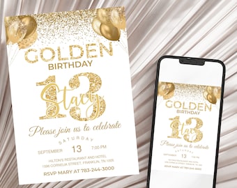 Golden Birthday invitation Gold glitter birthday invitation Golden birthday invite for girl 13th birthday invitation Any age