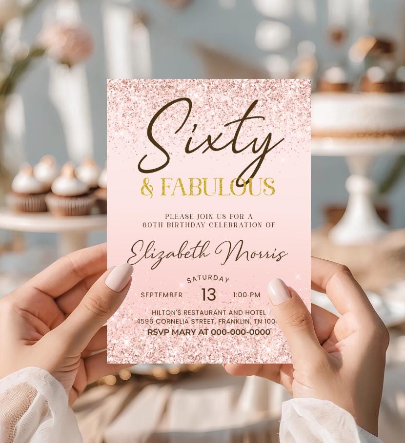 60th Birthday Invitation Printable Rose Gold Sixty and Fabulous