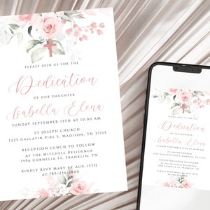 Dedication Invitation Girl, Editable Invitation, Dedication Invite, Baby Girl Christening, Blush Pink, Digital Download, Editable