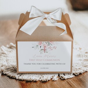 Pink Girl Floral First Holy Communion gable box label template Christening favor gifts label, Gift box label communion party favor box label