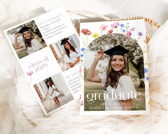 Minimalist Graduation Invitation, Wildflower Graduation Party Invitation Template, Boho Graduation Announcement, Multiple Photo