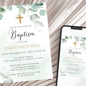 Modèle d’invitation au baptême, invitation au baptême, invitation au baptême imprimable, invitation modifiable, invitation au baptême, eucalyptus, verdure
