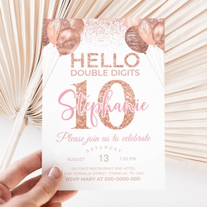 Rose Gold Glitter 10th Birthday Invitation, Editable Birthday Invite Birthday Party Double Digits