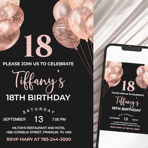 18th Birthday Invitation Editable 18th Invite Rose Gold Invitation, Balloons, For Her Printable