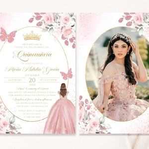 May include: A Quinceañera invitation suite featuring a pink and gold color scheme. The invitation includes floral and butterfly accents, a crown, and the name "Maria Natalia Garcia." The right panel displays a photo of a young woman in a pink gown.