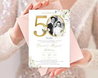 50th Wedding Anniversary Invitation, Golden Floral Anniversary Photo Invitation Template, Editable, with Photo