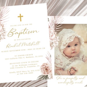 Boho Blush Gold Taufe Einladung Vorlage, Floral druckbare Taufe einladen, Taufe einladen, Baby Mädchen Rosa 1. Kommunion Kreuz