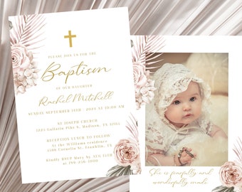 Boho Blush Gold Baptism Invitation Template, Floral Printable Baptism Invite, Christening Invite, Baby Girl Pink 1st Communion cross