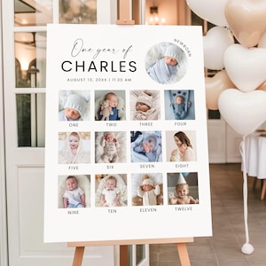 May include: A white milestone poster titled One year of CHARLES with a birth date and time, featuring a circular newborn photo and twelve square photographs labeled ONE through TWELVE, documenting the first year of a baby's life.