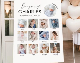 Modello stampabile per il poster del primo anno del bambino, cartello moderno con collage di foto per il primo compleanno, lavagna "L'anno in foto" modificabile, download immediato.