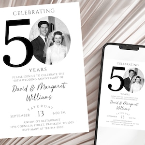 50th Wedding Anniversary Invitation, Golden Anniversary Photo Invitation Template, Editable, with Photo